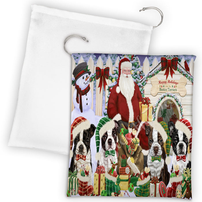 Happy Holidays Christmas Boston Terrier Dogs House Gathering Drawstring Laundry or Gift Bag LGB48026