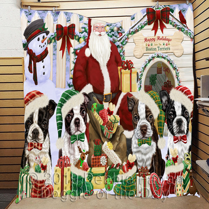 Happy Holidays Christmas Boston Terrier Dogs House Gathering Quilt
