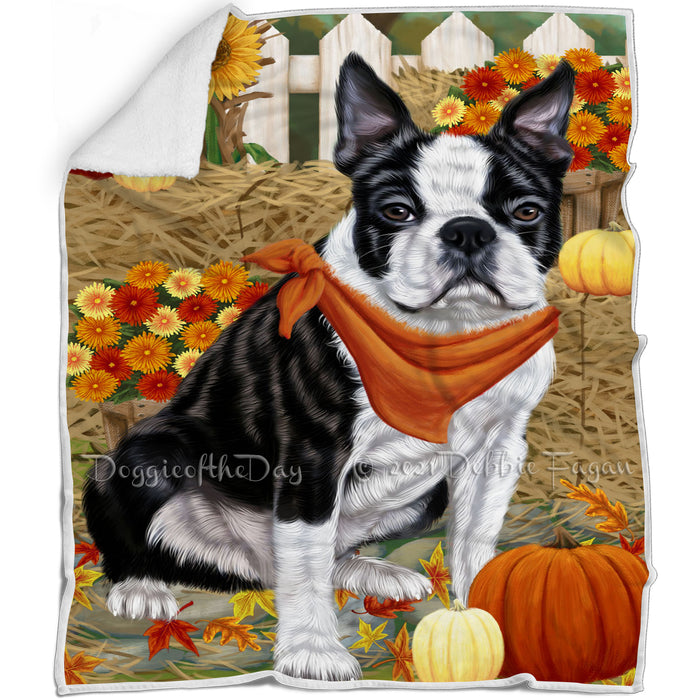 Fall Autumn Greeting Boston Terrier Dog with Pumpkins Blanket BLNKT72345