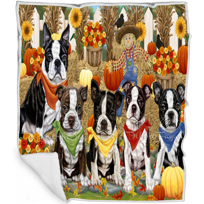 Fall Festive Gathering Boston Terriers Dog with Pumpkins Blanket BLNKT71733