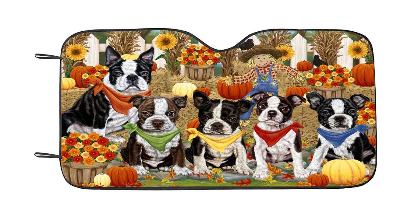 Fall Festive Harvest Time Gathering Boston Terrier Dogs Car Sun Shade