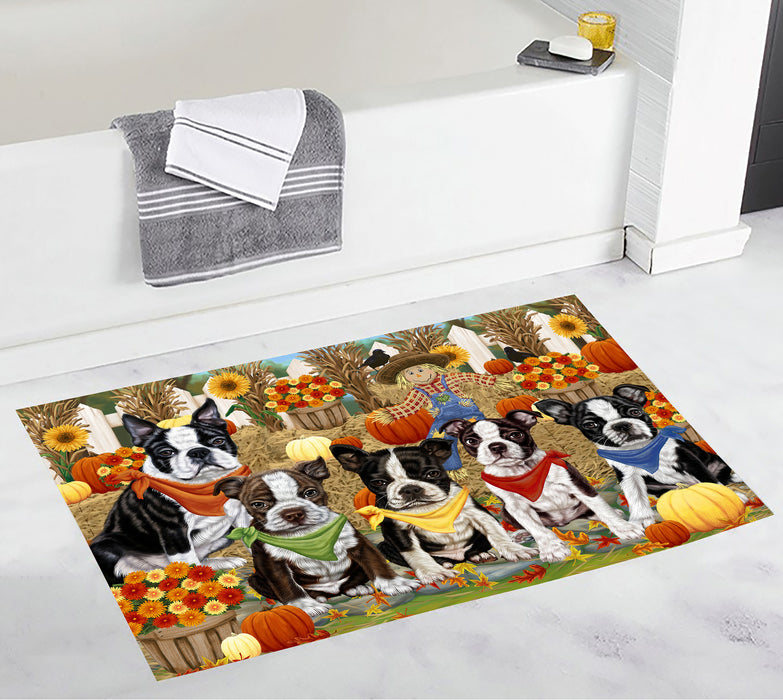 Fall Festive Harvest Time Gathering Boston Terrier Dogs Bath Mat