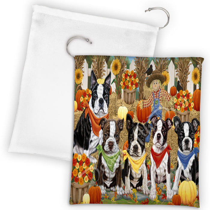 Fall Festive Harvest Time Gathering Boston Terrier Dogs Drawstring Laundry or Gift Bag LGB48384