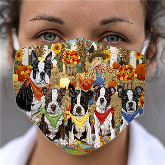 Fall Festive Harvest Time Gathering  Boston Terrier Dogs Face Mask FM48517