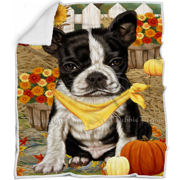 Fall Autumn Greeting Boston Terrier Dog with Pumpkins Blanket BLNKT72354