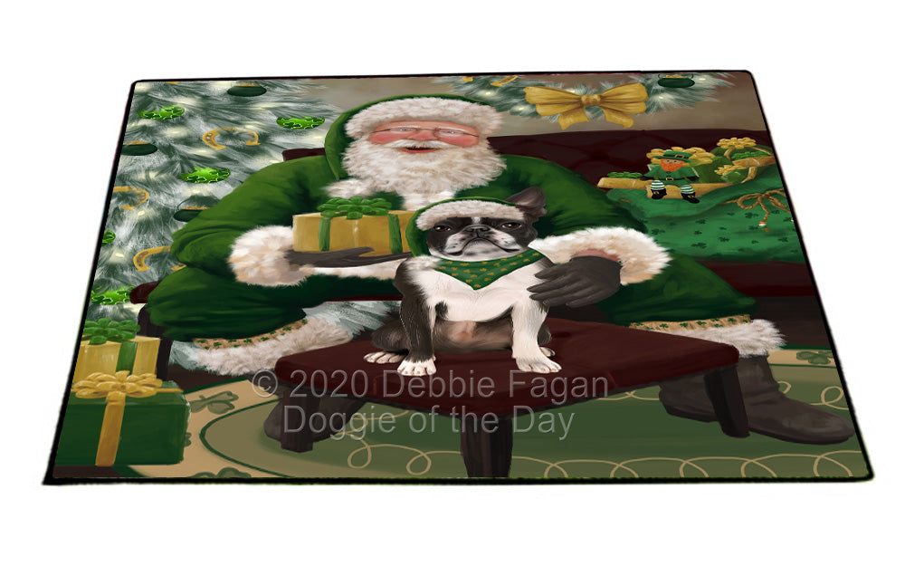 Christmas Irish Santa with Gift and Boston Terrier Dog Indoor/Outdoor Welcome Floormat - Premium Quality Washable Anti-Slip Doormat Rug FLMS57103