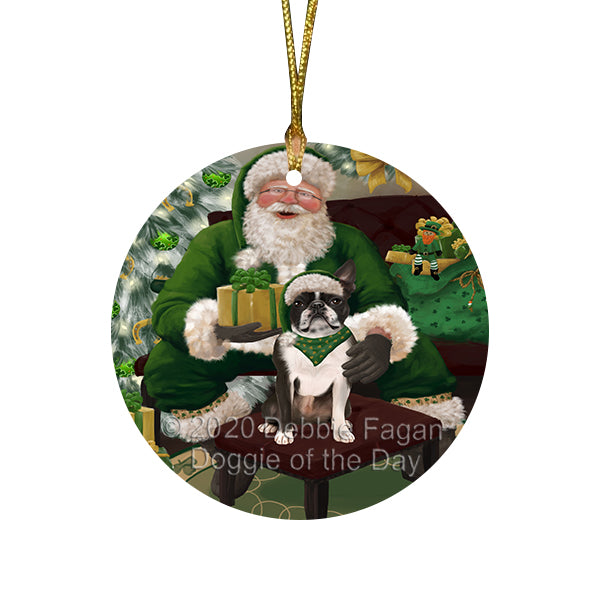 Christmas Irish Santa with Gift and Boston Terrier Dog Round Flat Christmas Ornament RFPOR57910