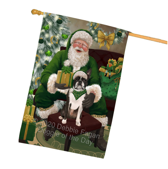 Christmas Irish Santa with Gift and Boston Terrier Dog House Flag FLG66682
