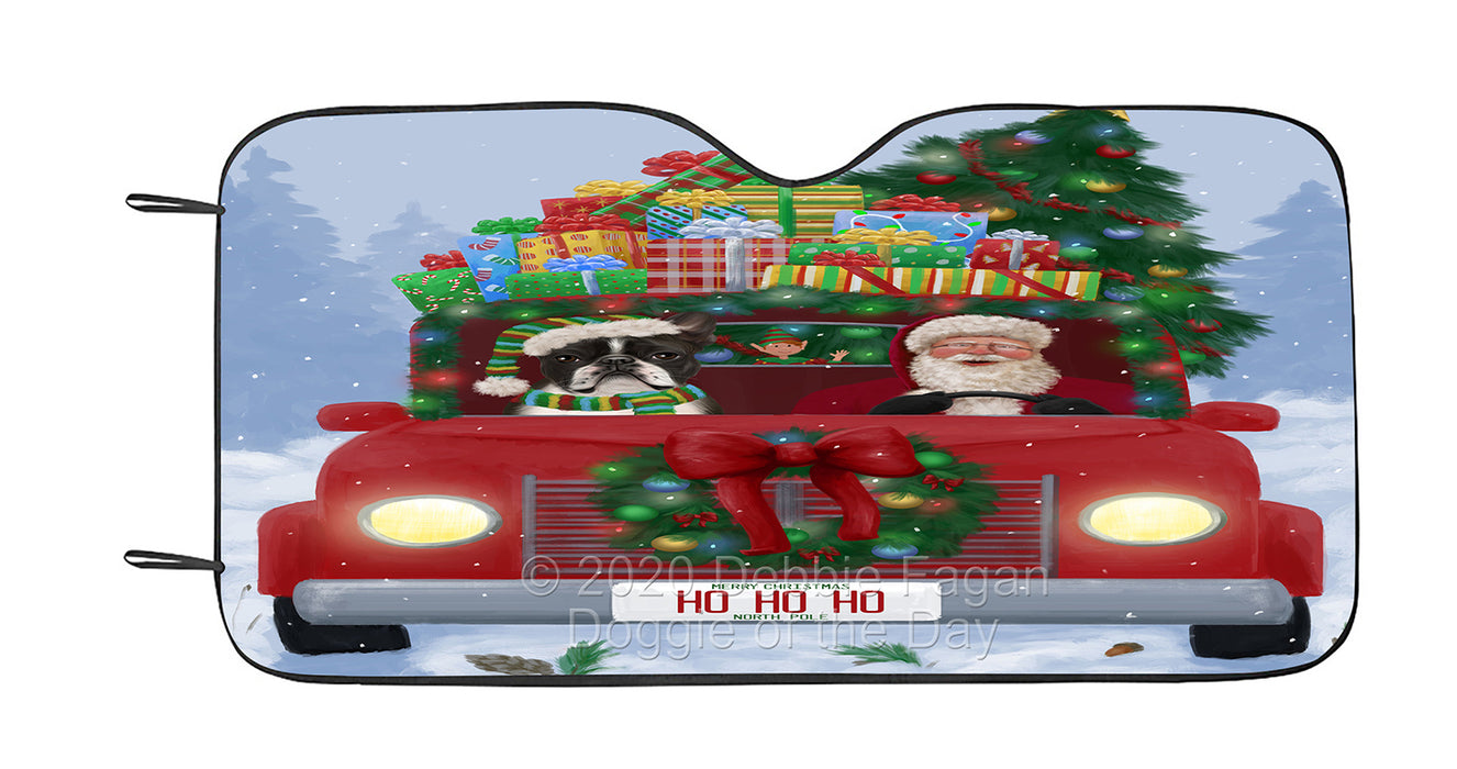 Christmas Honk Honk Red Truck with Santa and Boston Terrier Dog Car Sun Shade Cover Curtain