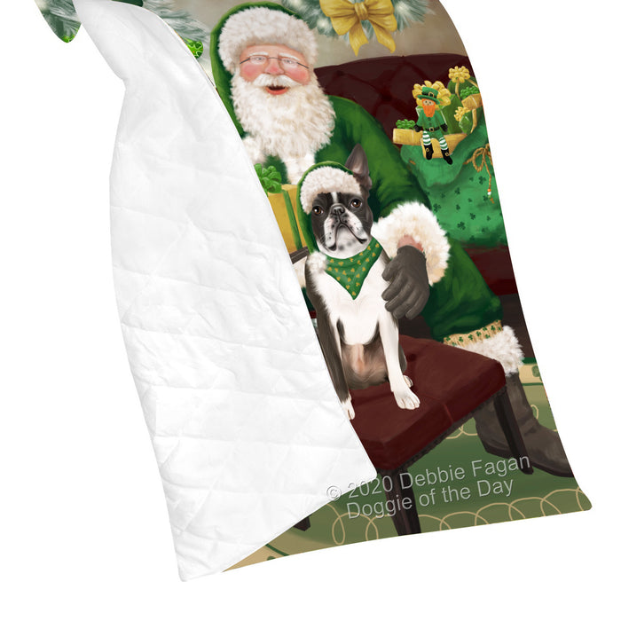 Christmas Irish Santa with Gift and Boston Terrier Dog Quilt Bed Coverlet Bedspread - Pets Comforter Unique One-side Animal Printing - Soft Lightweight Durable Washable Polyester Quilt