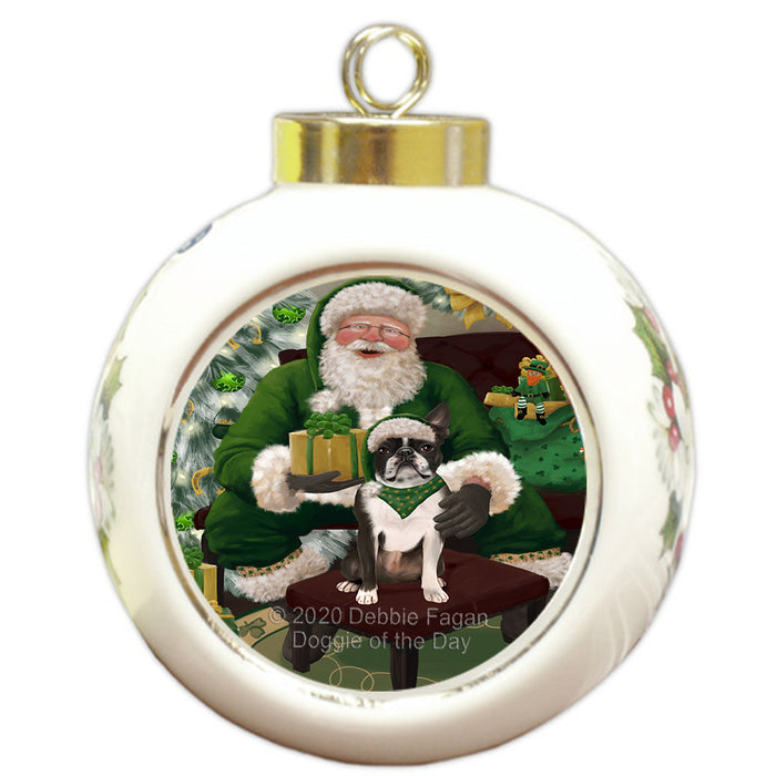 Christmas Irish Santa with Gift and Boston Terrier Dog Round Ball Christmas Ornament RBPOR57910