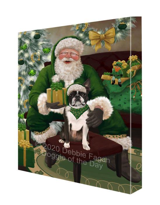 Christmas Irish Santa with Gift and Boston Terrier Dog Canvas Print Wall Art Décor CVS147536