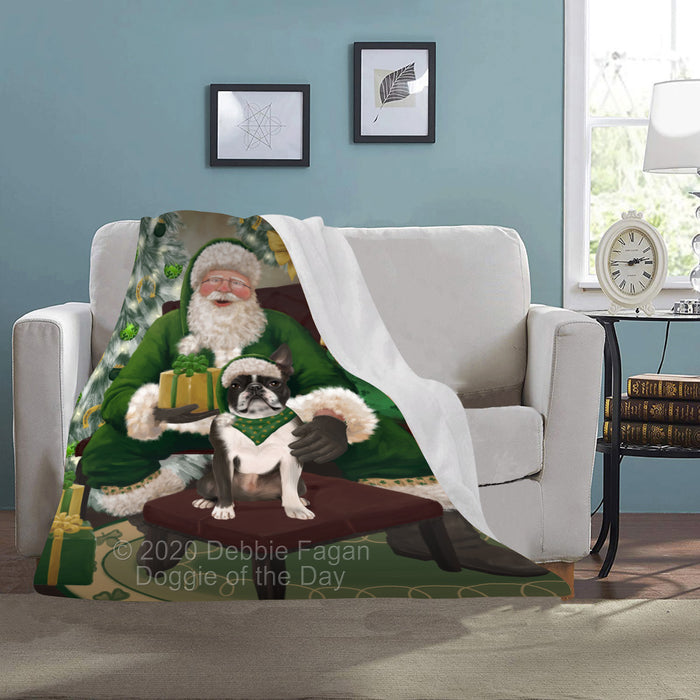 Christmas Irish Santa with Gift and Boston Terrier Dog Blanket BLNKT141258