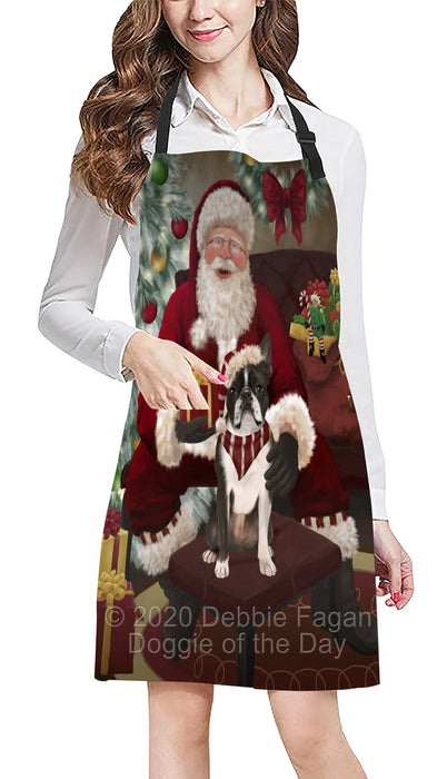 Santa's Christmas Surprise Boston Terrier Dog Apron - Adjustable Long Neck Bib for Adults - Waterproof Polyester Fabric With 2 Pockets - Chef Apron for Cooking, Dish Washing, Gardening, and Pet Grooming