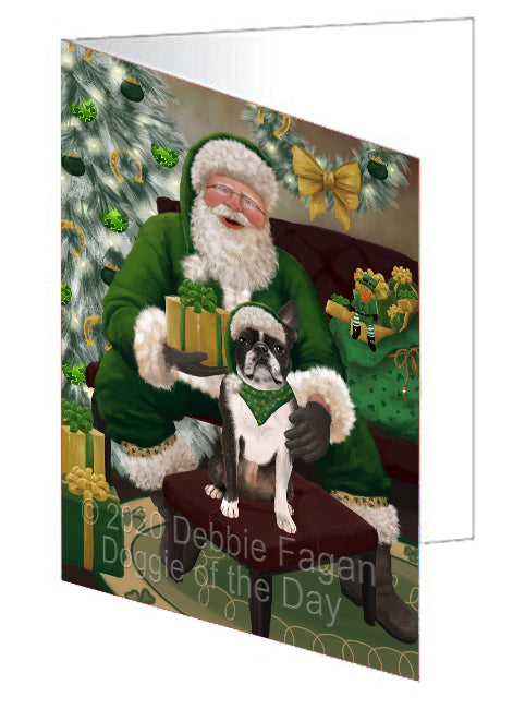 Christmas Irish Santa with Gift and Boston Terrier Dog Handmade Artwork Assorted Pets Greeting Cards and Note Cards with Envelopes for All Occasions and Holiday Seasons GCD75800