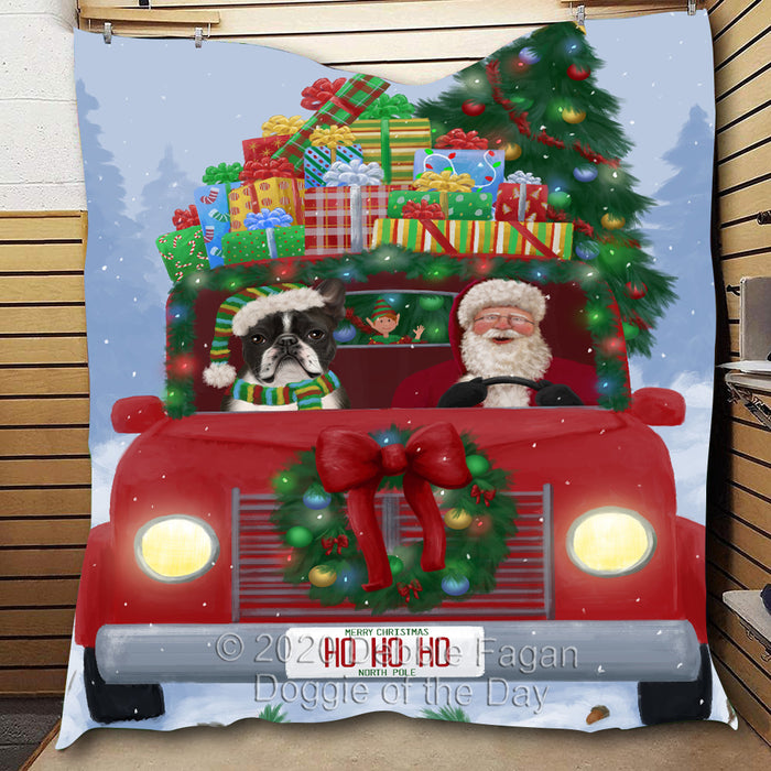 Christmas Honk Honk Red Truck with Santa and Boston Terrier Dog Quilt Bed Coverlet Bedspread - Pets Comforter Unique One-side Animal Printing - Soft Lightweight Durable Washable Polyester Quilt