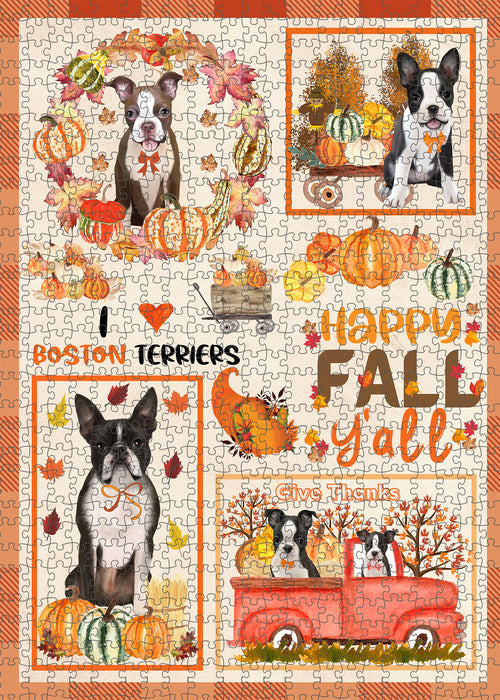 Happy Fall Y'all Pumpkin Boston Terrier Dogs Portrait Jigsaw Puzzle for Adults Animal Interlocking Puzzle Game Unique Gift for Dog Lover's with Metal Tin Box