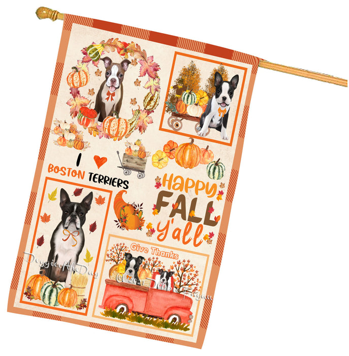Happy Fall Y'all Pumpkin Boston Terrier Dogs House Flag Outdoor Decorative Double Sided Pet Portrait Weather Resistant Premium Quality Animal Printed Home Decorative Flags 100% Polyester