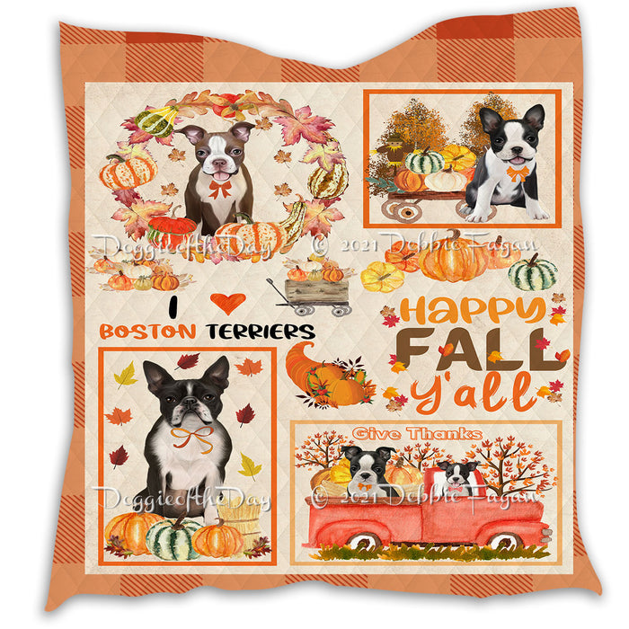 Happy Fall Y'all Pumpkin Boston Terrier Dogs Quilt Bed Coverlet Bedspread - Pets Comforter Unique One-side Animal Printing - Soft Lightweight Durable Washable Polyester Quilt
