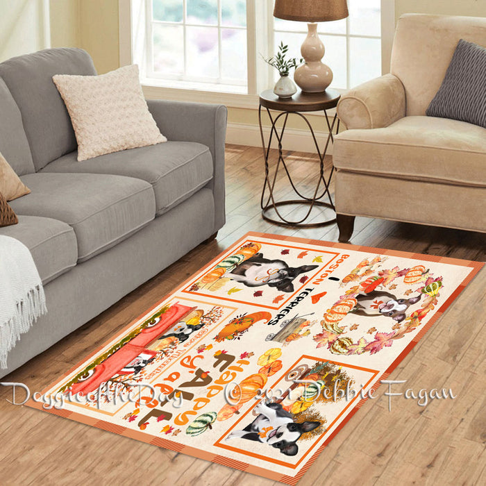 Happy Fall Y'all Pumpkin Boston Terrier Dogs Polyester Living Room Carpet Area Rug ARUG66705