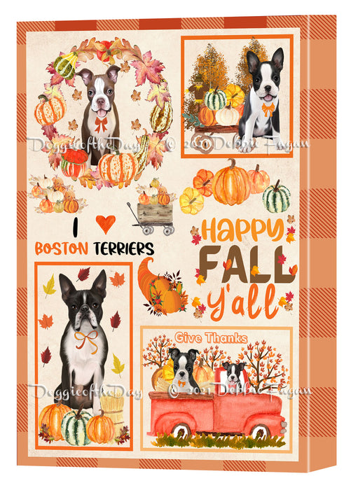 Happy Fall Y'all Pumpkin Boston Terrier Dogs Canvas Wall Art - Premium Quality Ready to Hang Room Decor Wall Art Canvas - Unique Animal Printed Digital Painting for Decoration