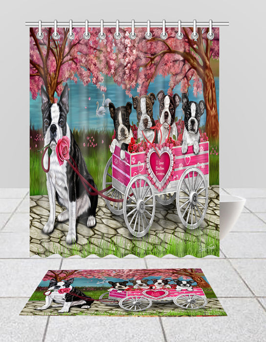 I Love Boston Terrier Dogs in a Cart Bath Mat and Shower Curtain Combo
