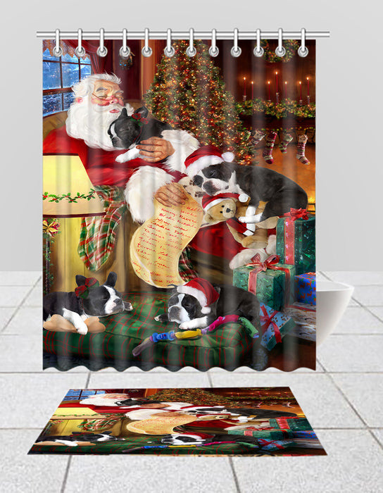 Santa Sleeping with Boston Terrier Dogs  Bath Mat and Shower Curtain Combo