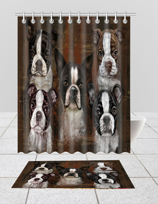 Rustic Boston Terrier Dogs  Bath Mat and Shower Curtain Combo