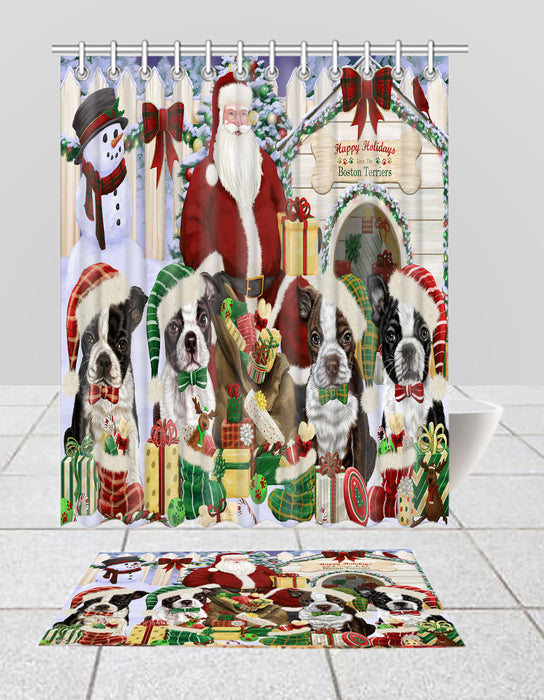Happy Holidays Christmas Boston Terrier Dogs House Gathering Bath Mat and Shower Curtain Combo