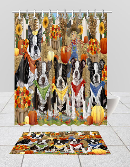 Fall Festive Harvest Time Gathering Boston Terrier Dogs Bath Mat and Shower Curtain Combo