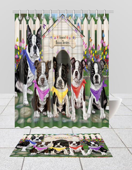 Spring Dog House Boston Terrier Dogs Bath Mat and Shower Curtain Combo