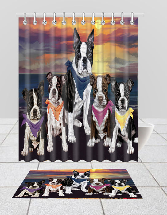 Family Sunset Portrait Boston Terrier Dogs Bath Mat and Shower Curtain Combo