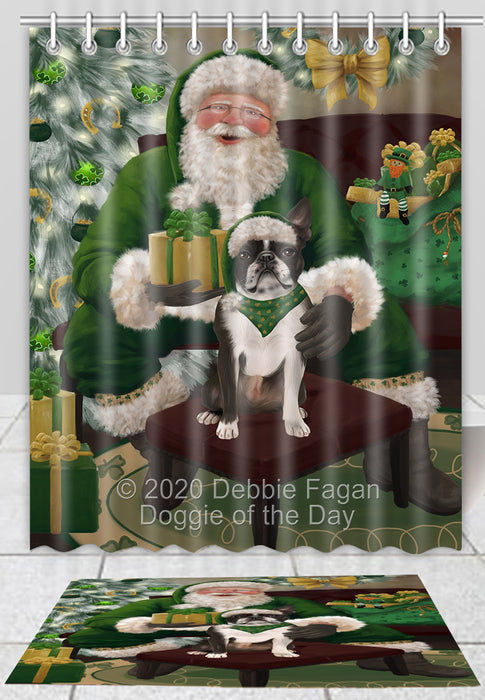 Christmas Irish Santa with Gift Boston Terrier Dog Bath Mat and Shower Curtain Combo