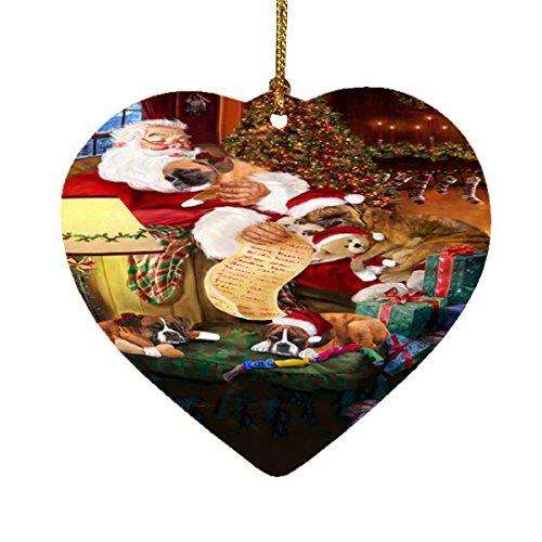 Boxer Dog and Puppies Sleeping with Santa Heart Christmas Ornament