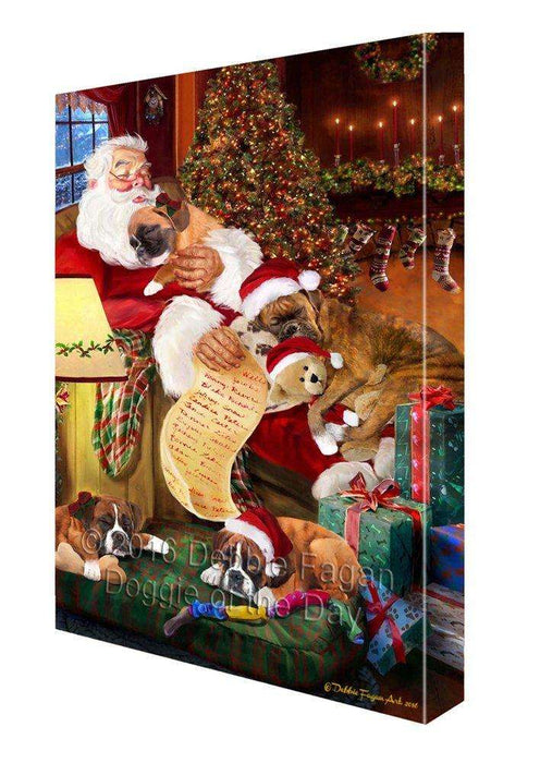 Boxer Dog and Puppies Sleeping with Santa Painting Printed on Canvas Wall Art
