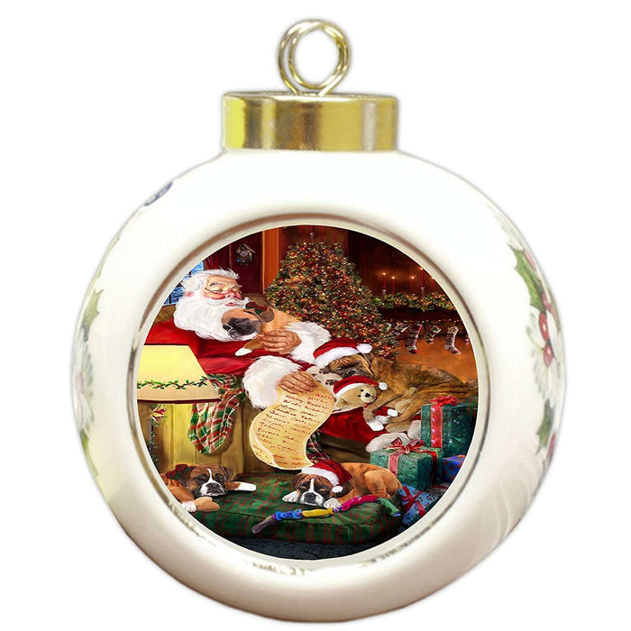 Boxer Dog and Puppies Sleeping with Santa Round Ball Christmas Ornament