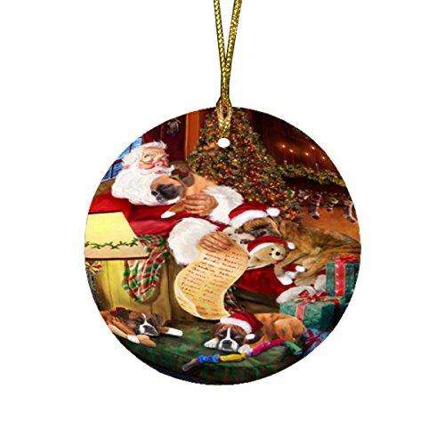 Boxer Dog and Puppies Sleeping with Santa Round Christmas Ornament