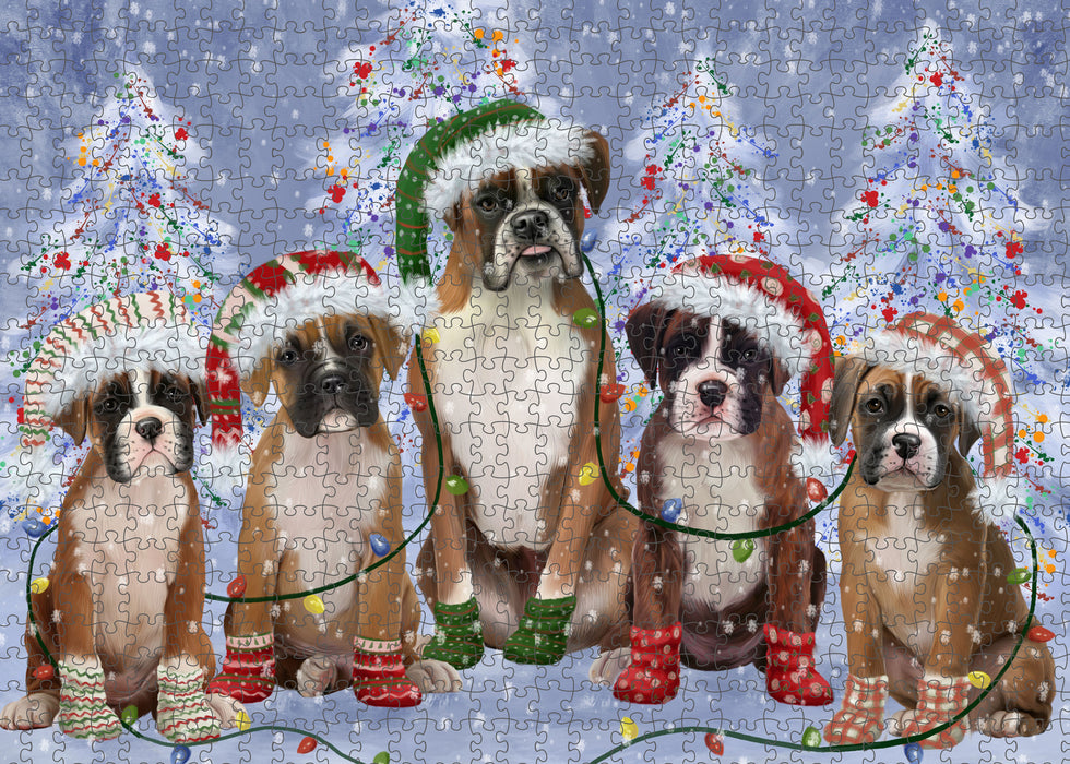Christmas Lights and Boxer Dogs Portrait Jigsaw Puzzle for Adults Animal Interlocking Puzzle Game Unique Gift for Dog Lover's with Metal Tin Box