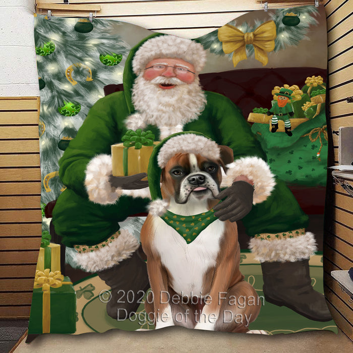 Christmas Irish Santa with Gift and Boxer Dog Quilt Bed Coverlet Bedspread - Pets Comforter Unique One-side Animal Printing - Soft Lightweight Durable Washable Polyester Quilt