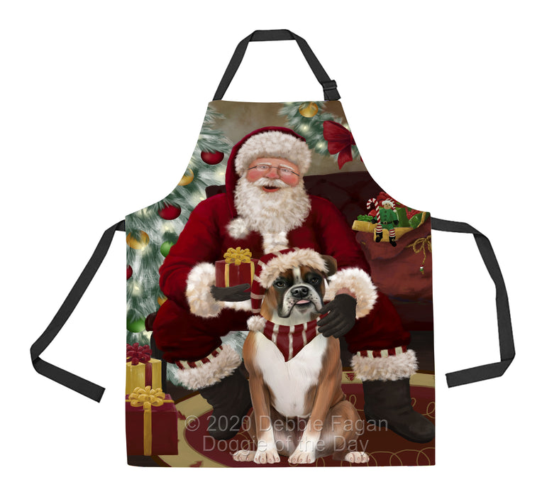 Santa's Christmas Surprise Boxer Dog Apron - Adjustable Long Neck Bib for Adults - Waterproof Polyester Fabric With 2 Pockets - Chef Apron for Cooking, Dish Washing, Gardening, and Pet Grooming