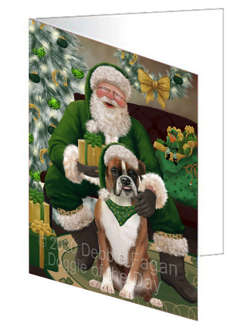 Christmas Irish Santa with Gift and Boxer Dog Handmade Artwork Assorted Pets Greeting Cards and Note Cards with Envelopes for All Occasions and Holiday Seasons GCD75803