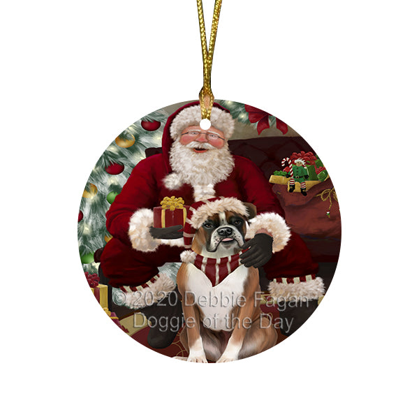 Santa's Christmas Surprise Boxer Dog Round Flat Christmas Ornament RFPOR58009