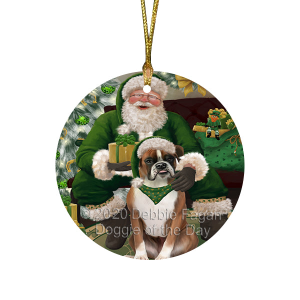 Christmas Irish Santa with Gift and Boxer Dog Round Flat Christmas Ornament RFPOR57911