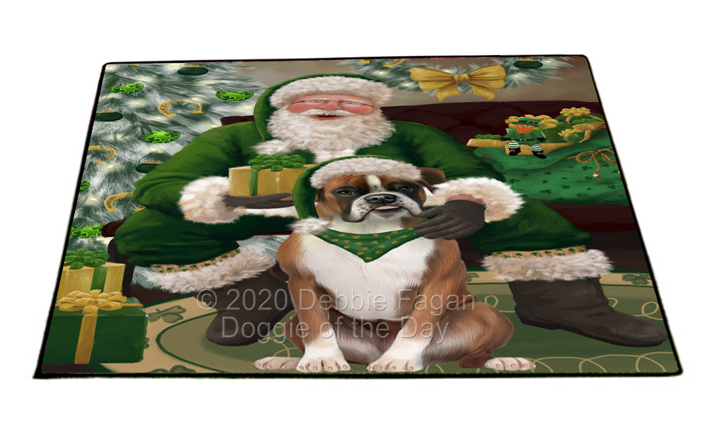 Christmas Irish Santa with Gift and Boxer Dog Indoor/Outdoor Welcome Floormat - Premium Quality Washable Anti-Slip Doormat Rug FLMS57106