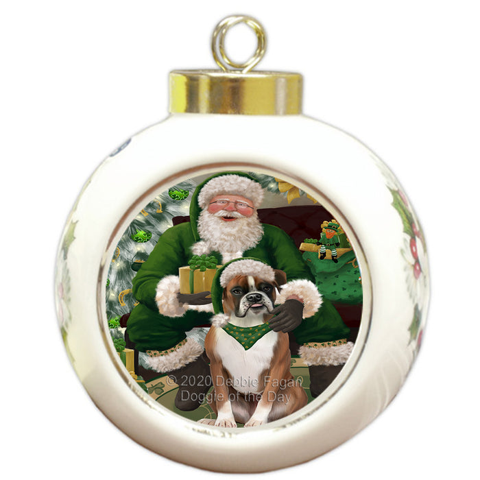 Christmas Irish Santa with Gift and Boxer Dog Round Ball Christmas Ornament RBPOR57911