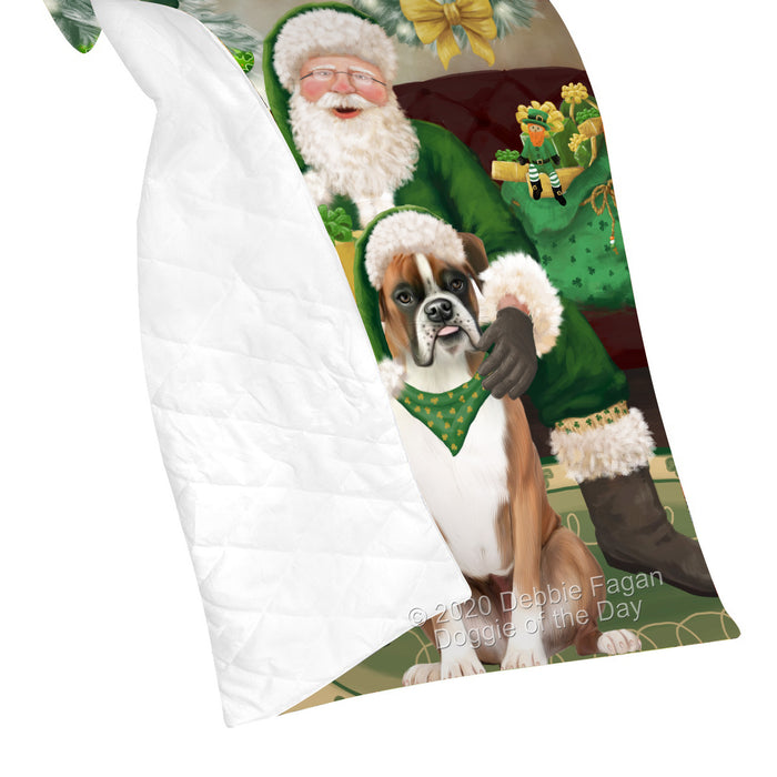 Christmas Irish Santa with Gift and Boxer Dog Quilt Bed Coverlet Bedspread - Pets Comforter Unique One-side Animal Printing - Soft Lightweight Durable Washable Polyester Quilt