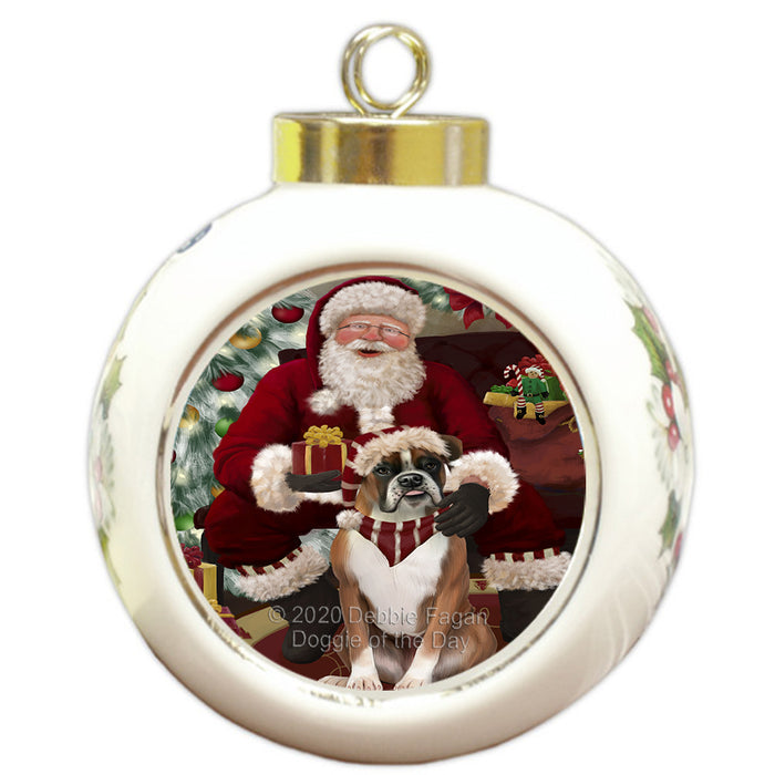 Santa's Christmas Surprise Boxer Dog Round Ball Christmas Ornament RBPOR58009