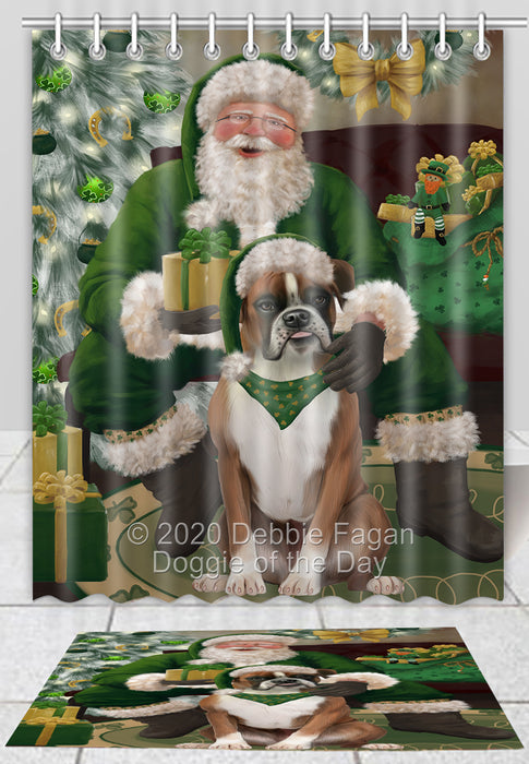 Christmas Irish Santa with Gift Boxer Dog Bath Mat and Shower Curtain Combo