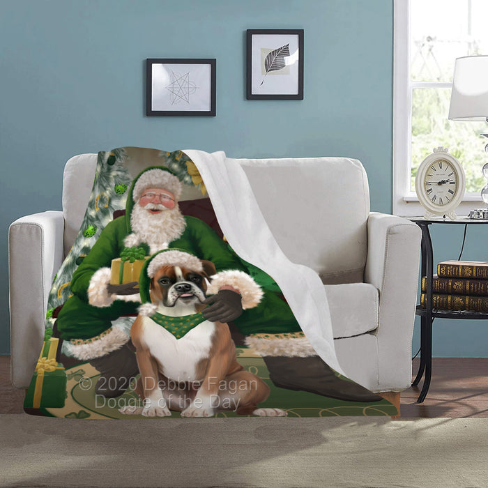 Christmas Irish Santa with Gift and Boxer Dog Blanket BLNKT141263