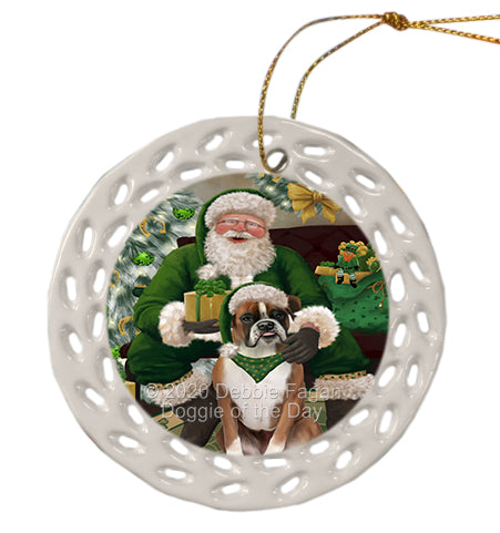 Christmas Irish Santa with Gift and Boxer Dog Doily Ornament DPOR59473